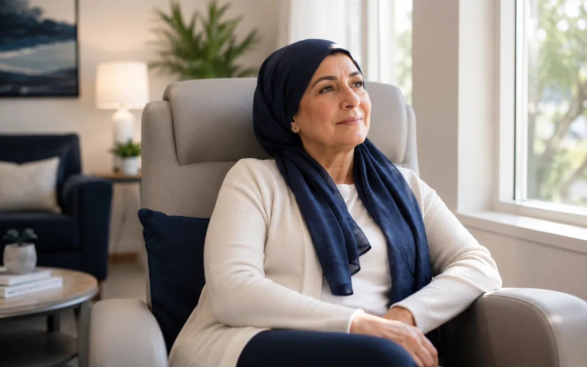 Patient resting peacefully in a treatment lounge chair by a window