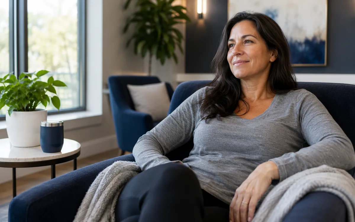 Patient relaxing in a treatment lounge after post-surgical HBOT